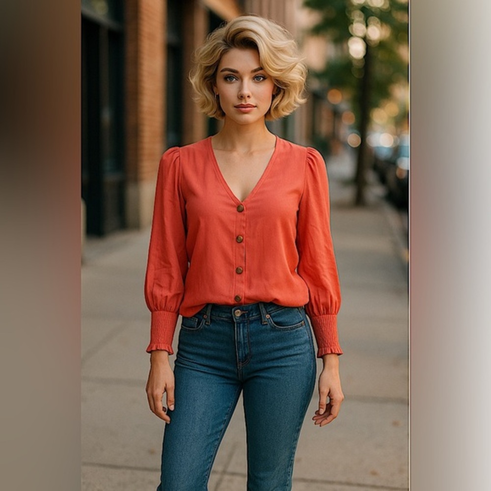 Stella & Dot Coral Gold Button-Up Blouse w/V neck front, smocked forearm 🧡💛